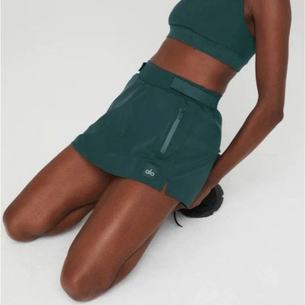 Alo High-Waist Elevation Fleece Lined Mini Skirt, Midnight Green, Size XS New